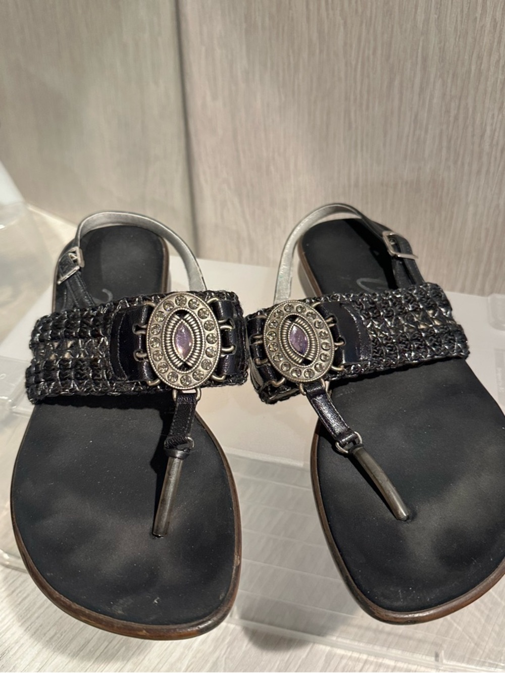 Onyx Black Beaded Thong Sandals with Decorative Medallions